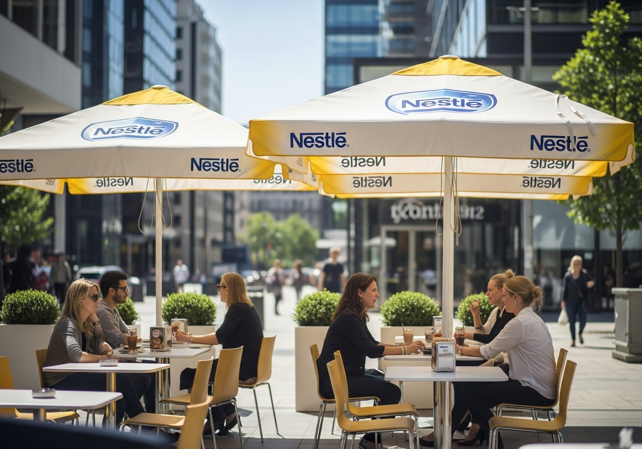 Placeholder case-study image for a cafe frontage umbrella installation
